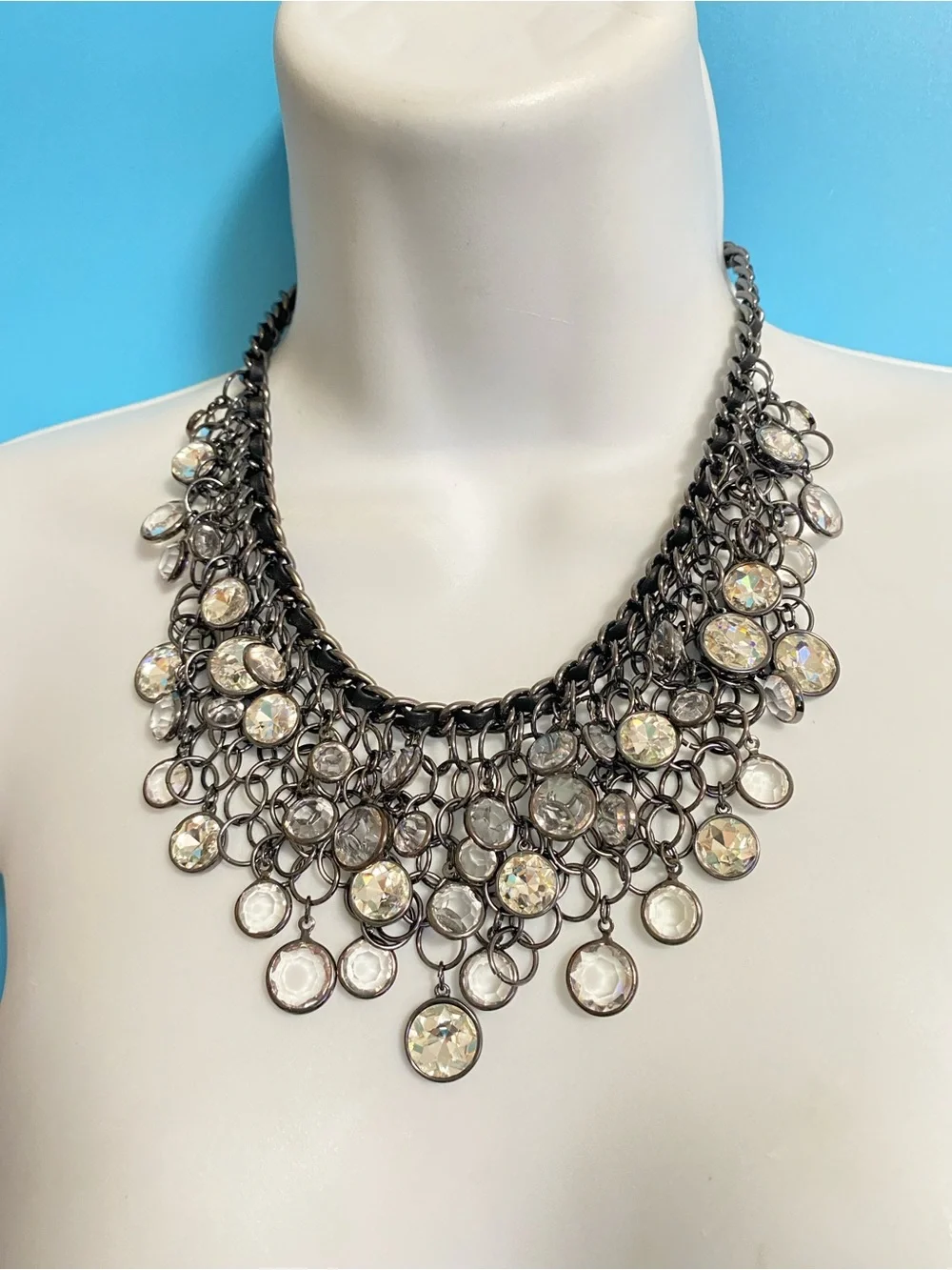 NWT CHICO’S Cha-Cha Necklace Bib Style Gunmetal Chain Link Crystal Rhinestones